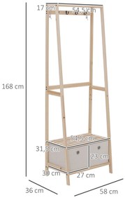 Cabide Sapateiro de Madeira 2 Prateleiras Cabide com 2 Gavetas de Tecido 4 Ganchos e Barra para Pendurar Roupa Bolsas para Entrada Sala de Estar 58x36