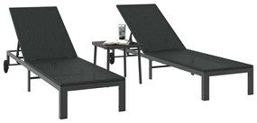 Espreguiçadeiras 2 pcs com Rodas e Mesa em Rattan Preto