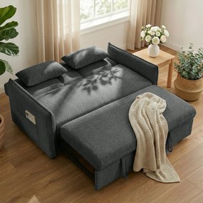 Sofá-Cama 2 Lugares 3 em 1 com Mesa Auxiliar Porta-Copos Encosto Ajustável Bolsos Laterais 2 Almofadas Cinzento Escuro