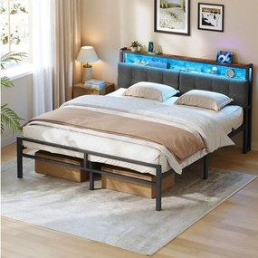 Cama de metal 160 x 200 cm (COLCHÃO NÃO INCLUIDO), estrutura com cabeceira, cama com espaço de arrumação e iluminação LED Preto mate, castanho vintage