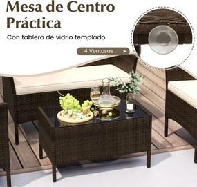 Conjunto de jardim, 4 peças: mobiliário de exterior com cadeira, sofá de 2 lugares e mesa de vidro temperado Castanho misto e almofadas Creme