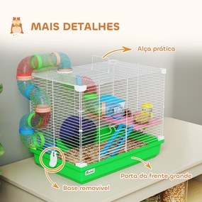Gaiola para Hamster com Túnel Prato Bebedouro Casinha Rampa Roda de Exercício Bandeja Removível 46x30x37 cm Verde