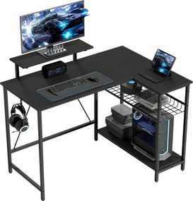 Secretária gaming reversível, 114,5 x 82 x 91,5 cm de canto, suporte para ecrã, prateleira em malha ajustável, preta