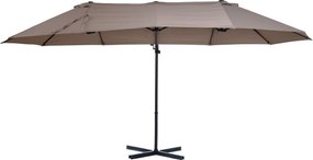 Guarda-sol deslocado de grandes dimensões XXL, inclinável, com base em cruz, dim. 4,45 x 2,7 x 2,6 m, base em aço incluída, poliéster castanho