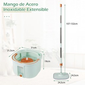 Esfregona giratória com balde separador de água limpa e suja Cabeça quadrada Autoescorregável Panos de microfibra verde menta