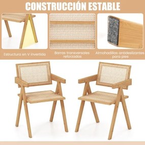 Conjunto de 4 cadeiras de jantar em rattan com estrutura de bambu, costas em imitação de cana e apoios de braços para cozinha 50 x 52 x 81 cm Natural