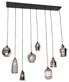 Candeeiro de suspensão Art Deco preto com vidro fumê 8 luzes - Hanne