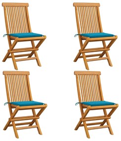 vidaXL Cadeiras de jardim c/ almofadões azuis 4 pcs teca maciça