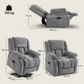 Poltrona elevatória elétrica com massagem e aquecimento, apoio para os pés, encosto reclinável, comando à distância e bolso lateral cinzento 
