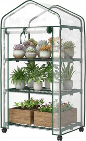 Mini estufa de jardim com 3 prateleiras 69 x 49 x 130 cm, lona de PVC de alta densidade, porta enrolável e 4 Rodas, transparente