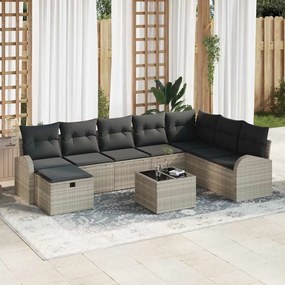 Conjunto de Sofá de Jardim vidaXL de 9 Peças com Almofadas em Rattan Poliéster Cinzento Claro