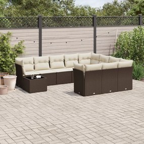 11 pcs conjunto sofás de jardim c/ almofadões vime PE castanho