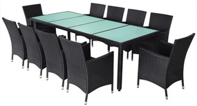 11 pcs conjunto jantar exterior com almofadões vime PE preto