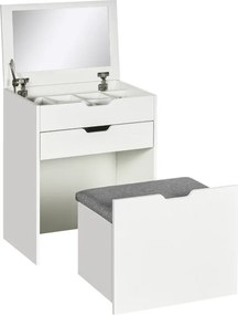 Toucador com Banco Oculto e Espelho Rebatível Mesa de Maquilhagem com Gaveta e 7 Compartimentos Banco Acolchoado Branco