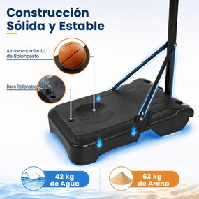 Cesto de Basquetebol Portátil, 76 x 46 x 263–308, Altura Regulável em 5 Níveis, Preto
