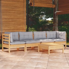 5 pcs conjunto lounge de jardim + almofadões cinza pinho maciço