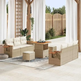 vidaXL Conjunto de Sofás de Jardim de 9 Peças com Almofadas Bege de Rattan Poliéster e Acácia