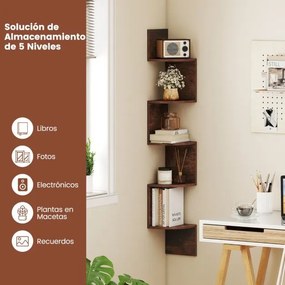 Estante de canto 20 x 20 x 126 cm de 5 níveis Organizador de armazenamento montado na parede para sala, quarto e cozinha Castanho