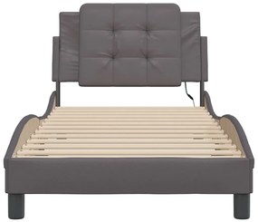 Estrutura de cama c/ luzes LED 100x200cm couro artificial cinza