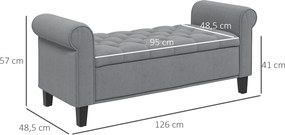 Banco de arrumação para a cabeceira da cama com braços, tecido com efeito de veludo, estofado e acolchoado, 126 x 48,5 x 57 cm, cinzento