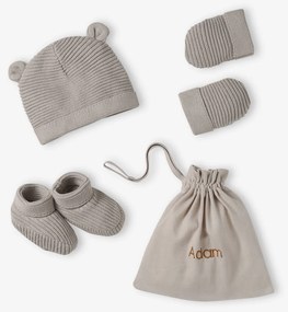 Conjunto gorro, luvas/mitenes e sapatinhos em algodão bio e bolsa personalizável  bege mesclado