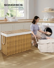 Cesto da roupa suja 86 x 40 x 61 cm em Rattan sintético com 3 compartimentos, cor natural