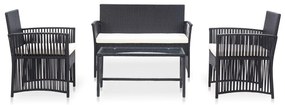 4 pcs conjunto lounge de jardim c/ almofadões vime PE preto