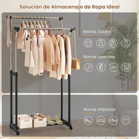 Guarda Roupa aberto, móvel com duas barras, altura ajustável 160-180 cm, com rodas, metal resistente, para closet, lavandaria ou sala, preto