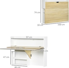 Secretária dobrável de parede 100 x 18 x 74 cm com prateleiras de arrumação e armário, secretária rebatível, com efeito de madeira natural