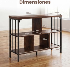 Estante de Arrumação Industrial, 109 x 34 x 76 cm, Cinco Compartimentos, Castanho+Preto