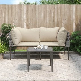 3 pcs conjunto lounge de jardim c/ almofadões vime PE cinzento