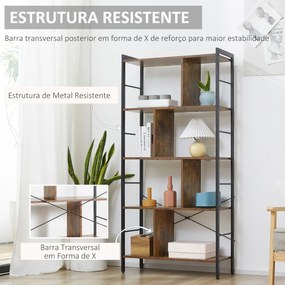 Estante para Livros de 4 Níveis com 8 Compartimentos de Armazenamento Estilo Industrial para Sala de Estar Escritório Dormitório 74x30x157,5cm Marrom