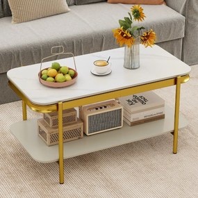 Mesa de centro 90 x 50 x 45,5 cm moderna retangular com 2 níveis, tampo sinterizado e prateleira, estrutura metálica, para sala, Branco + Dourado