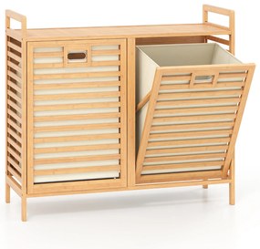Cesto de roupa suja duplo 80 x 30 x 72 cm com abertura de bambu de 75 L com 2 cestos removíveis Natural