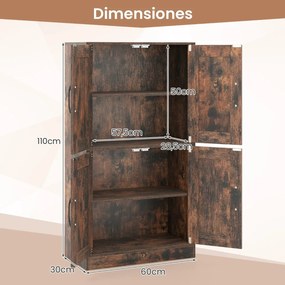 Armário de arrumação 60 x 30 x 110 cm, Despensa de cozinha, casa de banho, sala estar com portas e prateleiras ajustáveis Castanho