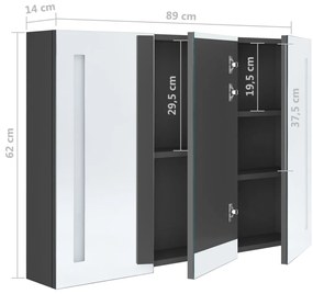 Armário espelhado p/ casa de banho com LED 89x14x62 cm cinzento