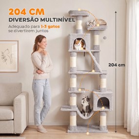 Arranhador para Gatos 204 cm Multinível com 2 Tocas Rede 2 Camas Postes de Sisal e Escada Cinza Claro