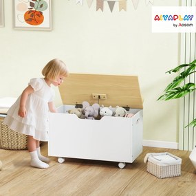 Baú de Brinquedos com Rodas com Tampa Abatível e Dobradiça de Segurança Desenho de Nuvem 59x30x53 cm Branco e Madeira