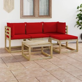 5 pcs conjunto lounge de jardim com almofadões vermelhos