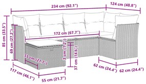 6 pcs conjunto sofás de jardim com almofadões vime cinzento