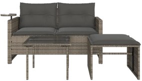 3 pcs conjunto sofás de jardim c/ almofadões vime PE cinzento