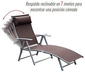 Outsunny Espreguiçadeira Dobrável de Jardim com Encosto Ajustável em 7 Posições Apoio para a Cabeça para Terraço Piscina Exterior Carga Máxima 165kg 137x63,5x100,5cm Marrom