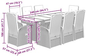 9 pcs conjunto de jantar p/ jardim c/ almofadões vime PE cinza