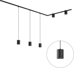 Sistema de calhas de iluminação moderno preto com 3 candeeiros suspensos e 2 focos 1-fase - Iconic Holt Rondoo Up