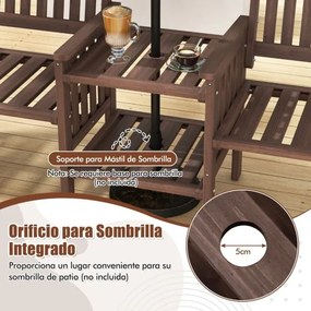 Banco de jardim com mesa com 2 níveis e orifício para guarda-sol em madeira de abeto natural castanho escuro