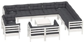 13 pcs conj. lounge de jardim c/ almofadões pinho maciço branco