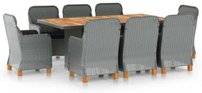 9 pcs conj. jantar exterior + almofadões vime PE cinzento-claro