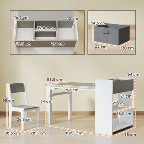 Conjunto de mesa e 2 cadeiras infantis em madeira com rolo de papel, prateleiras e gavetas, para meninas e meninos dos 3 aos 8 anos, cinzento