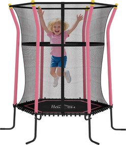 Cama elástica para crianças Ø 1,63 x 1,9 m com rede de segurança, porta com fecho de correr e 6 postes almofadados incluídos, rosa e preto