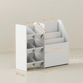 Móvel de arrumação infantil para brinquedos 100 x 30 x 80 cm, com 6 caixas removíveis e um grande baú com Rodas, branco
